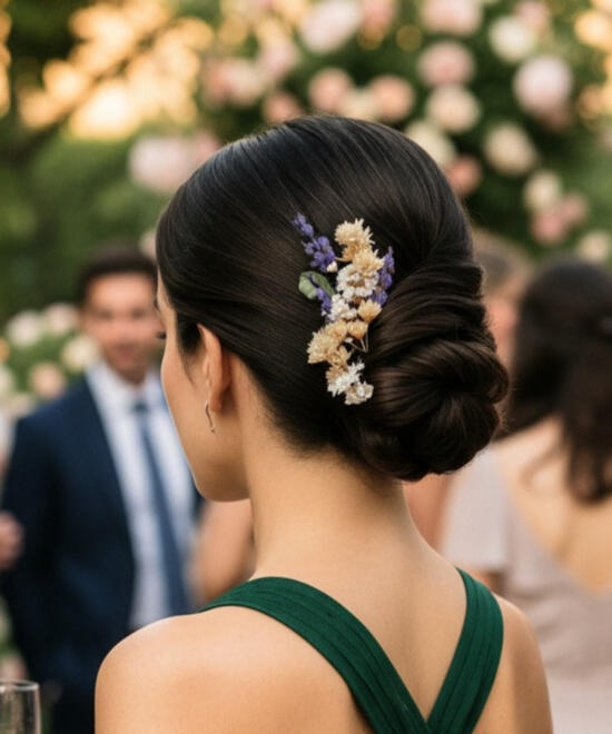 Tocado artesanal para invitada con flores preservadas en tonos lavanda y tostados, lucido en un recogido bajo lateral con vestido verde de espalda cruzada, complemento elegante y sostenible hecho a mano por Pajarita Presumida para eventos y bodas.