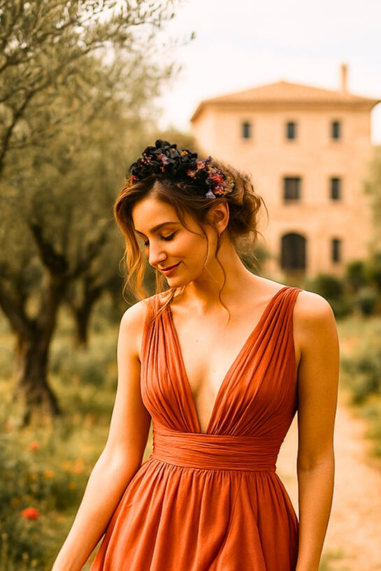 Diadema negra artesanal para boda con hortensias preservadas y porcelana fría pintada a mano en tonos vibrantes, lucida por invitada con vestido naranja entre olivos, complemento único y sofisticado creado por Pajarita Presumida.