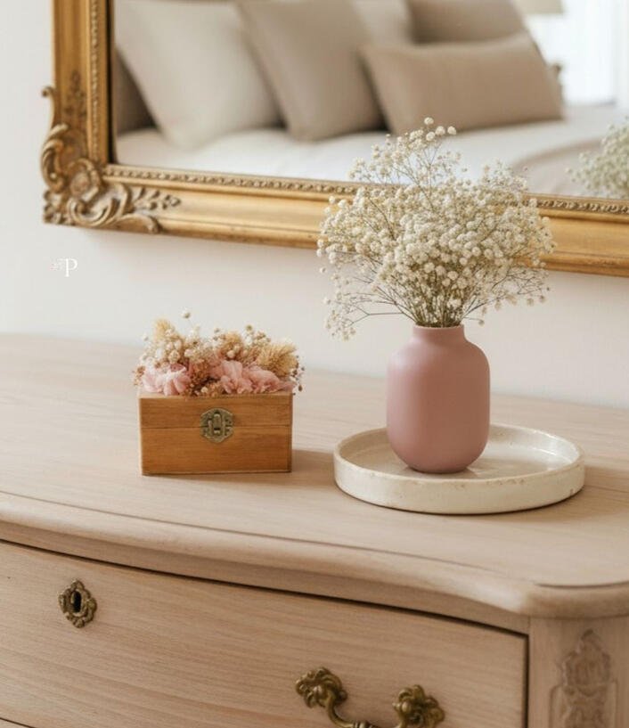 Caja de madera pintada a mano y decorada con flores preservadas en tonos rosa claro, colocada sobre una cajonera elegante junto a un jarrón rosa con paniculata y un espejo, composición minimalista y sofisticada creada por Pajarita Presumida