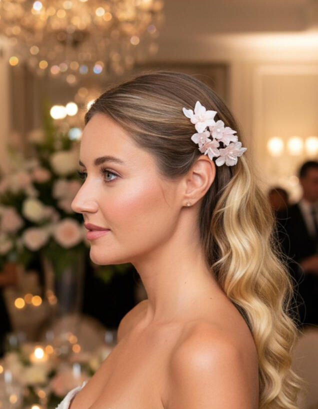 Novia con ondas largas rubias y tocado lateral de flores silvestres rosas en porcelana fría, pieza artesanal hecha a mano por Pajarita Presumida para un look romántico y de alta costura