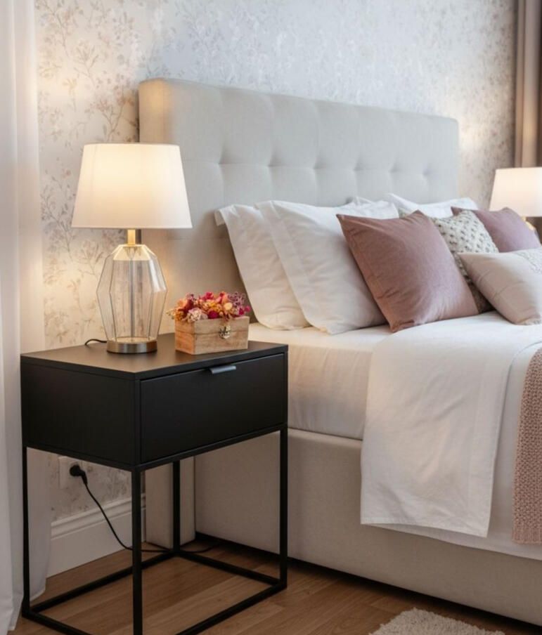 Caja de madera decorada con flores preservadas sobre una mesilla de noche junto a la cama en una habitación de lujo, pieza artesanal creada por Pajarita Presumida.