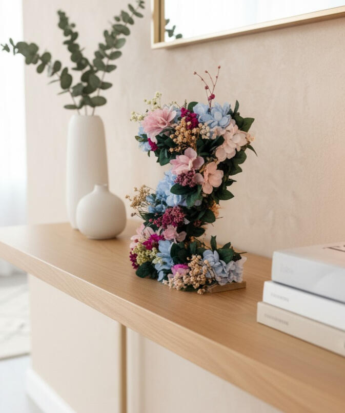 Letra Z decorada con flores preservadas y secas, colocada sobre un mueble en un salón elegante junto a un jarrón y unos libros, diseño artesanal de Pajarita Presumida.