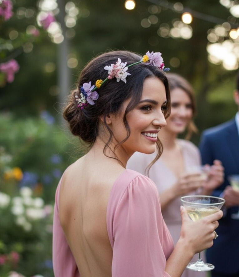 Invitada con vestido rosa y corona artesanal de flores preservadas y secas en tonos rosa, lila y amarillo, diseño hecho a mano por Pajarita Presumida.