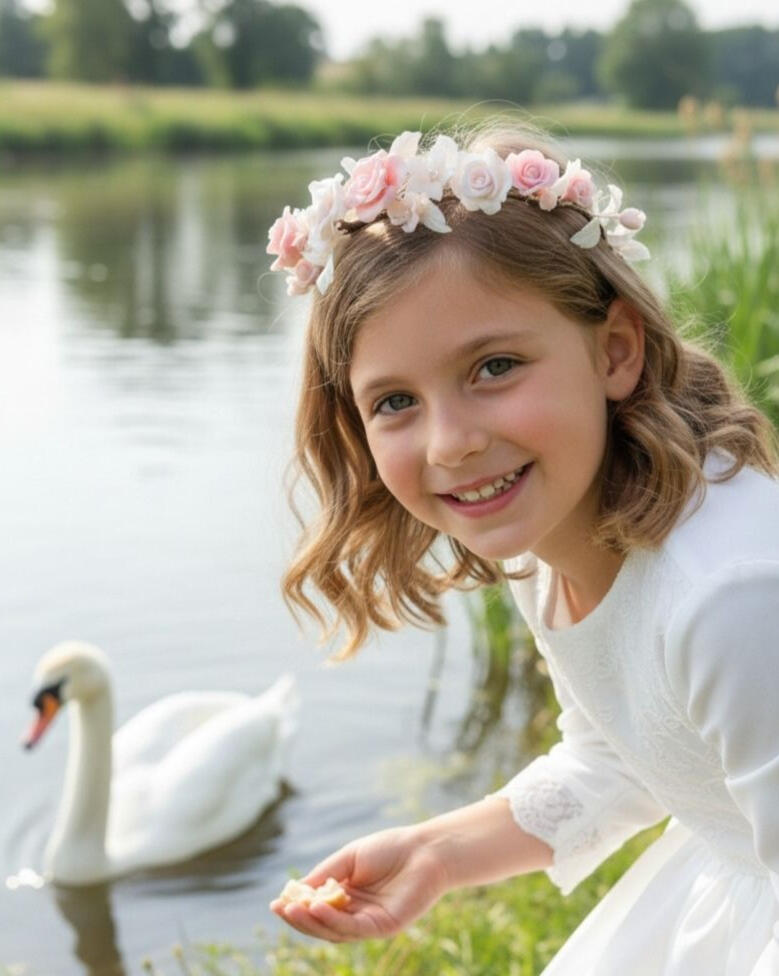 Niña de comunión junto al río dando de comer a un cisne, con corona artesanal de rosas en porcelana fría en tonos rosa, blanco y fucsia hecha a mano por Pajarita Presumida.