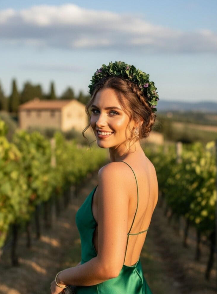 Invitada con vestido de raso verde de tirantes finos y diadema artesanal, fotografiada entre viñedos en una boda rústica mediterránea.