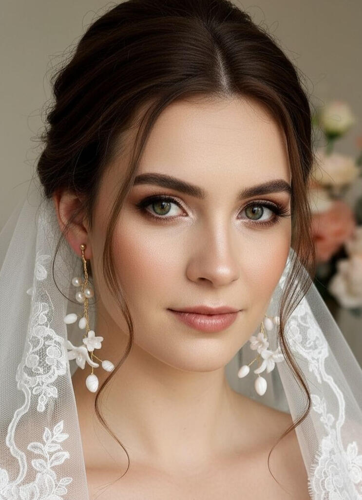 Pendientes largos artesanales con flores de naranjo en porcelana fría y perlas de agua dulce, diseño hecho a mano por Pajarita Presumida para novias.