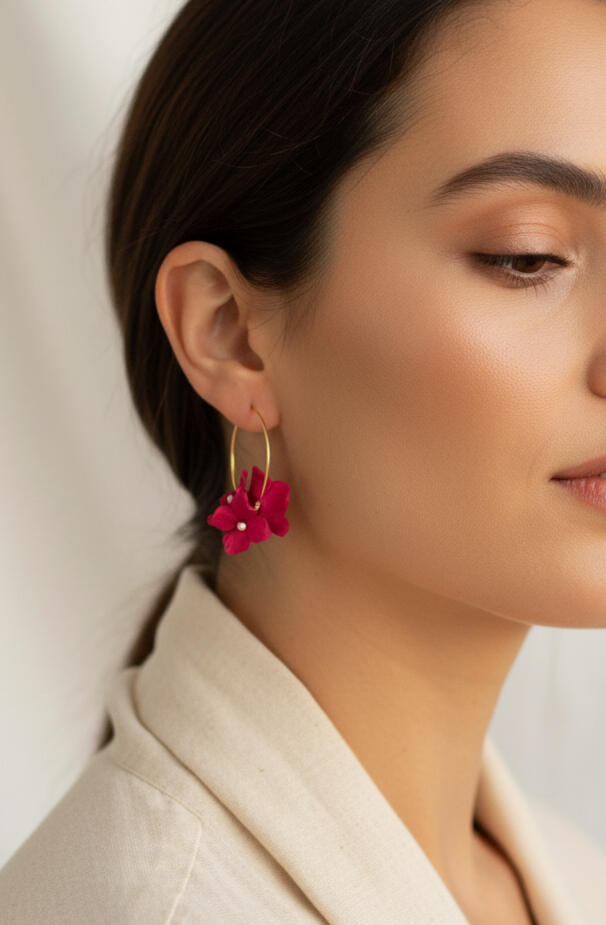 Pendientes de aro con tres flores fucsia en porcelana fría, diseño artesanal hecho a mano por Pajarita Presumida, ideales para eventos y para un estilo casual elegante.