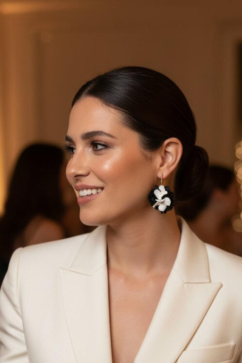 Se muestra una mujer maquillada profesionalmente con un recogido bajo y traje elegante beige con uno pendientes de aro florales en hortensia negra preservada y hortensias blancas porcelana fría. Hechas a mano artesanalmente por Pajarita Presumida. Ideales