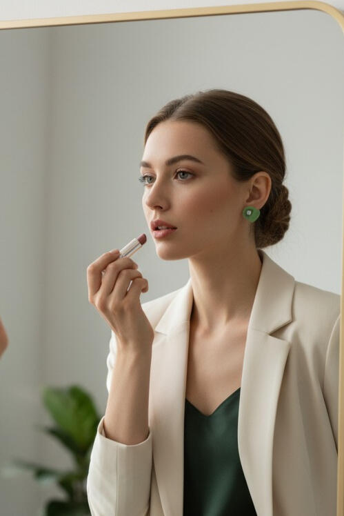 Se muestra una mujer en traje beige con camisa verde pintándose los labios frente al espejo y luciendo unos pendientes verdes artesanales con circonita en el centro. base en plata de ley 925 o acero inoxidable. Diseñados y elaborados artesanlmente por Paja