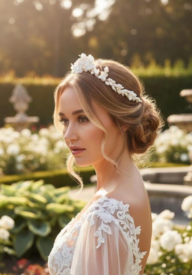 Tiara artesanal en porcelana fría blanca con hortensias y tulipanes, perfecta para novias elegantes y sofisticadas.