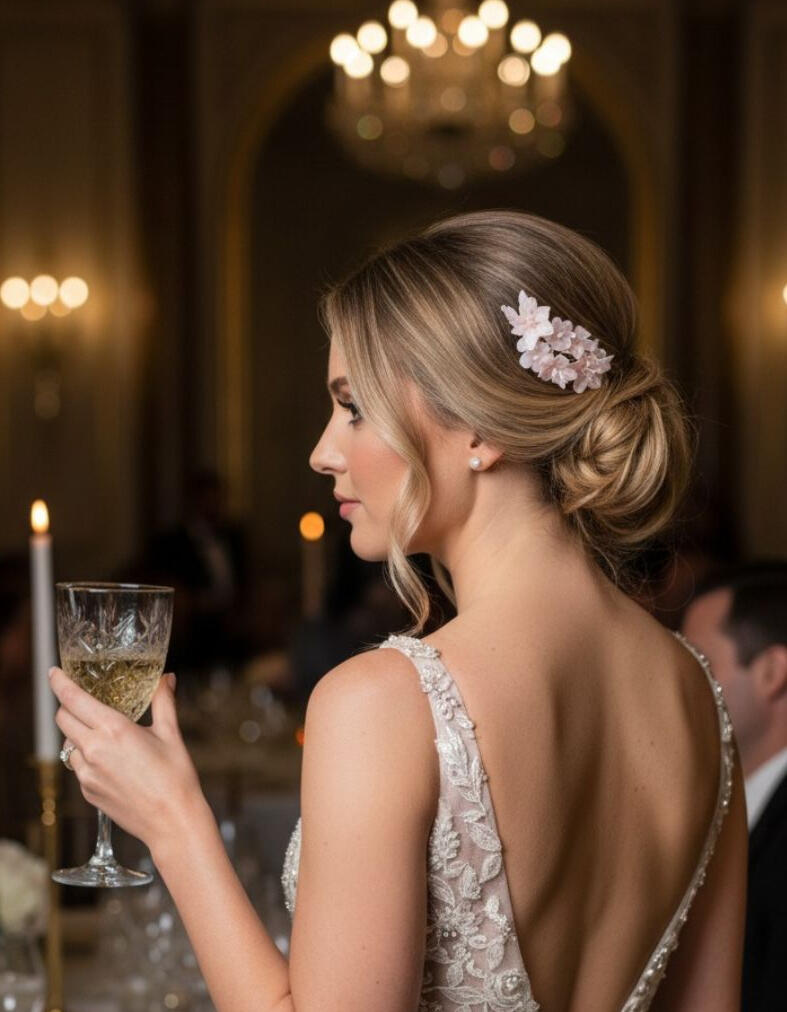 Invitada con vestido vaporoso en tonos rosa y espalda en V, luciendo un recogido bajo adornado en el lateral con un tocado artesanal de flores en porcelana fría en tonos rosa y blanco hecho a mano por Pajarita Presumida, mientras sostiene una copa