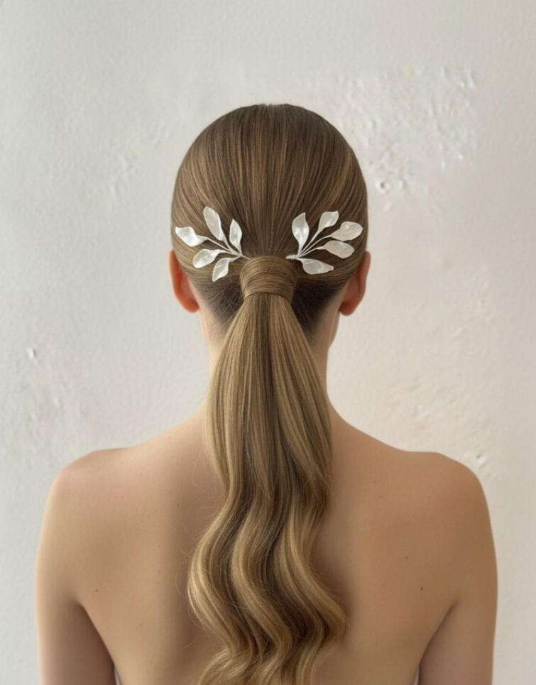 Horquillas artesanales en porcelana fría blanco nácar en forma de hojas, hechas a mano por Pajarita Presumida, colocadas en los laterales del nacimiento de una coleta baja en una novia de espaldas, ideales para un estilo romántico.