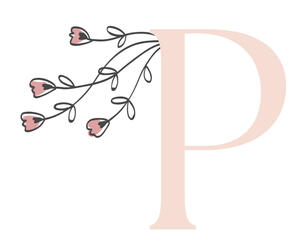 Logo Pajarita Presumida es una P con unas flores en rosa colgando de finos tallos simulando ser una velo de novia. Elegante, discreto y floral.