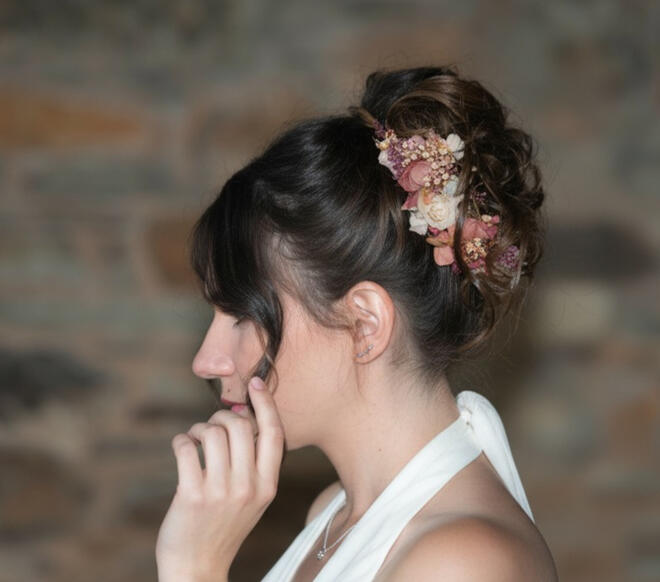 Tocado personalizado de flores preservadas y secas hecho a mano por pajarita presumida en tonos burdeos, rosas y blancos. Luce en el lateral de un recogido de una novia elegante.