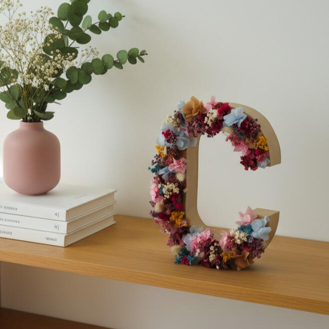 Letras de cartón C decorada artesanalmente con flores preservadas en tonos azules, amarillos, burdeos y rosas. Ideal como regalo especial para decorar y llenar de color y vida un espacio del hogar. Decoración artesanal hecha a mano por Pajarita Presumida.