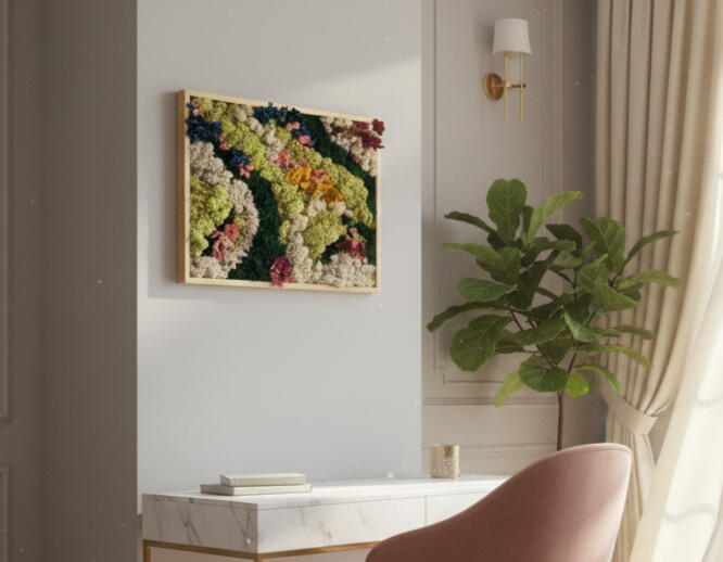 Cuadro musgo y flores preservadas. Decoración sostenible y artesanal ideal para decorar y llenar de color y vida un espacio del hogar. Decoración artesanal hecha a mano por Pajarita Presumida.