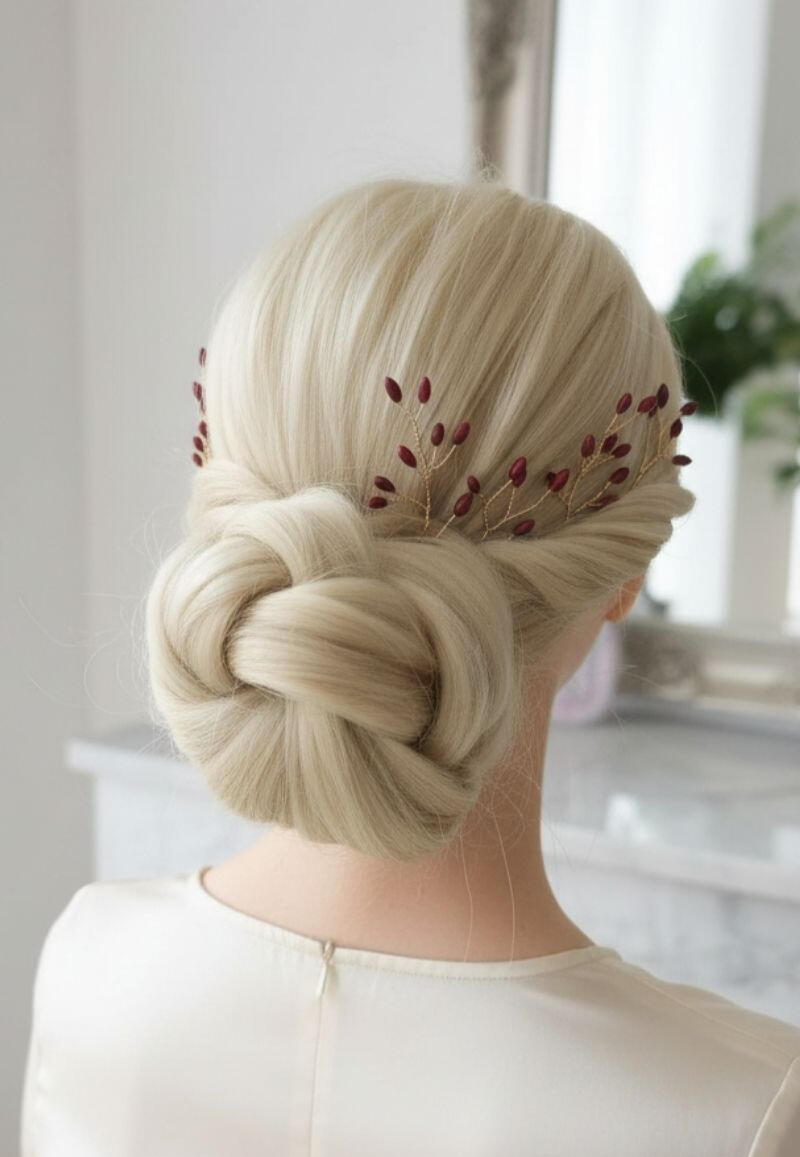 Recogido bajo de invitada con horquillas de pistilos en porcelana fría Invitada con pelo rubio y recogido bajo adornado con horquillas artesanales de pistilos en porcelana fría color burdeos, hechas a mano por Pajarita Presumida, durante sesión en salón de estilistas.
