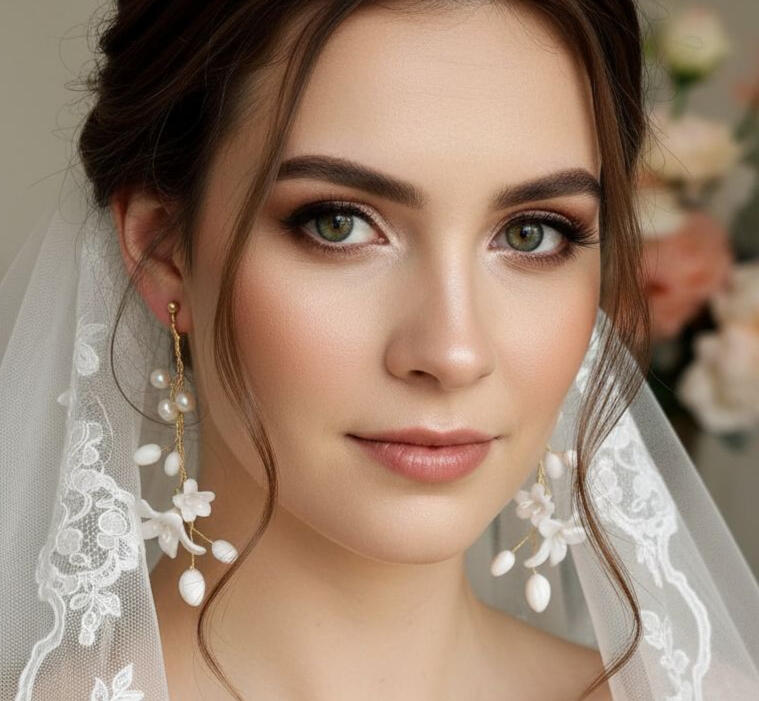 Primer plano del rostro de una novia de ojos verdes luciendo pendientes artesanales de flores de naranjo con perlas naturales de agua dulce, una imagen sensual y elegante que refleja feminidad, artesanía y delicadeza para novias que buscan accesorios único