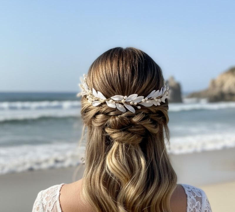 Novia con vestido bohemio a orillas del mar, semirrecogido con ondas rubias y tocado artesanal de hojas de olivo en porcelana fría con perlas naturales de río, hecho a mano por Pajarita Presumida, de aire mediterráneo.