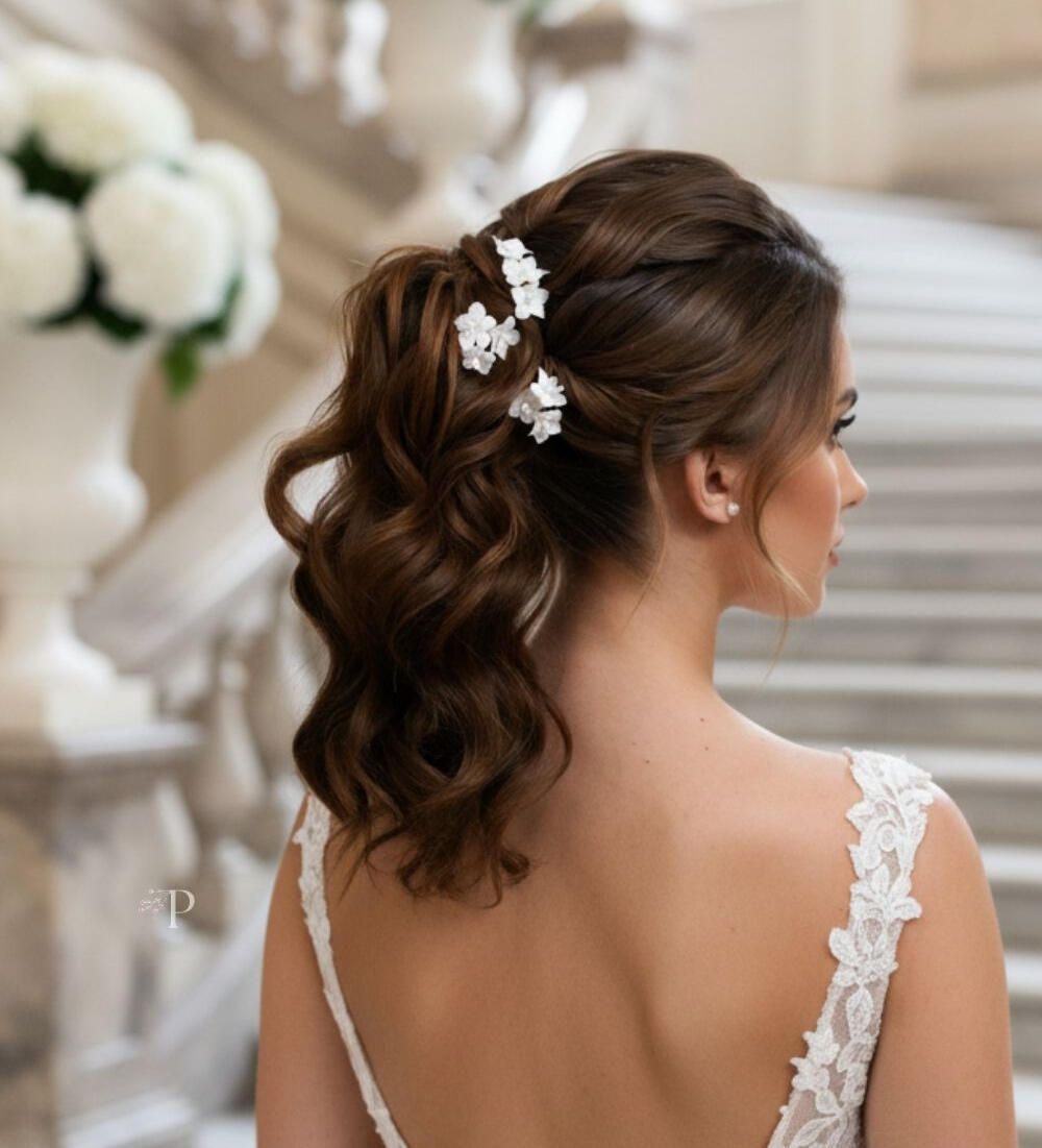 Novia con coleta alta adornada con horquillas artesanales de flores silvestres blancas en porcelana fría, colocadas sobre escápula de mármol, luciendo un vestido de novia con espalda escotada y un estilo elegante, natural y atemporal.