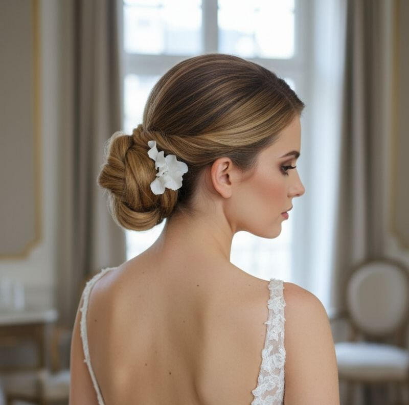 Novia con recogido bajo adornado con horquillas artesanales de padina pavonica en porcelana fría blanca, hechas a mano, luciendo vestido con espalda al aire en una habitación de lujo con luz cálida durante sesión de novia.